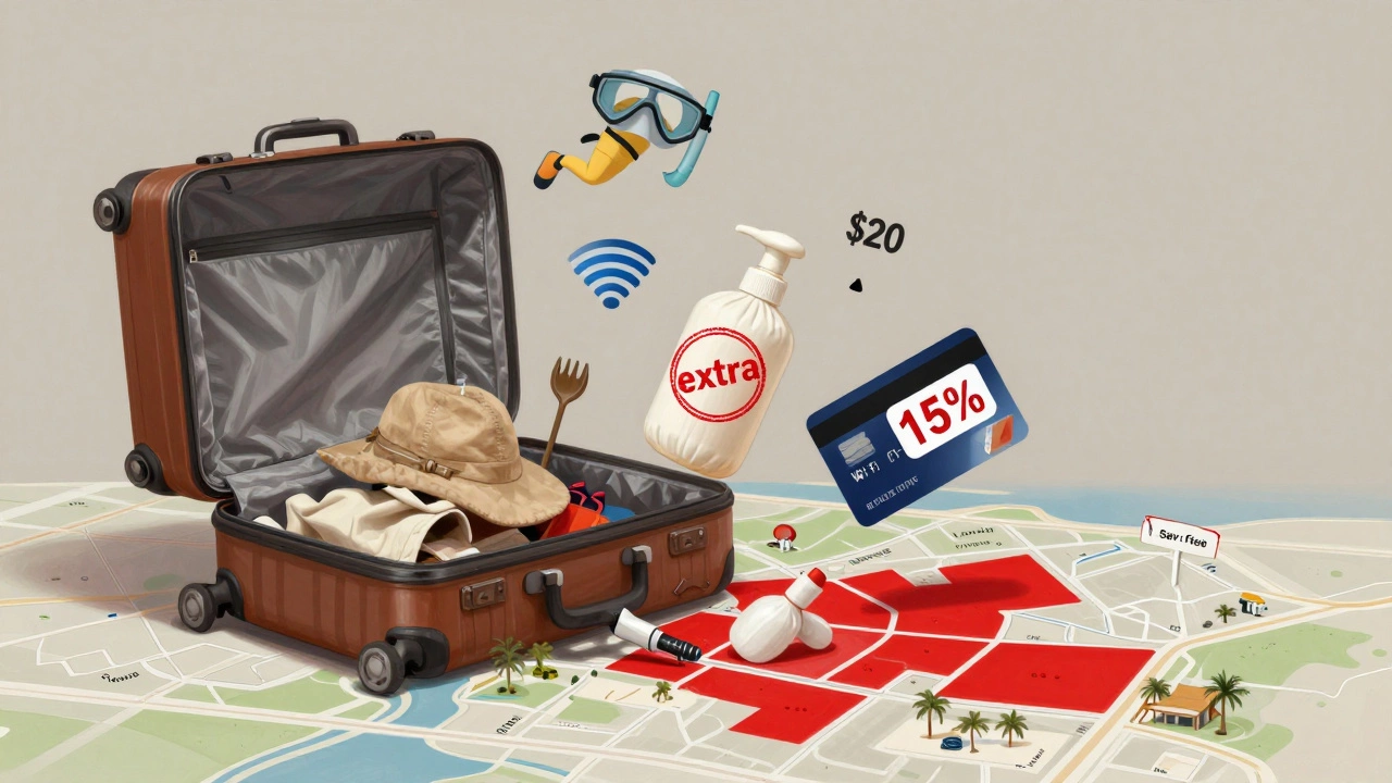 Symbolic representation of hidden fees in an all-inclusive vacation package.