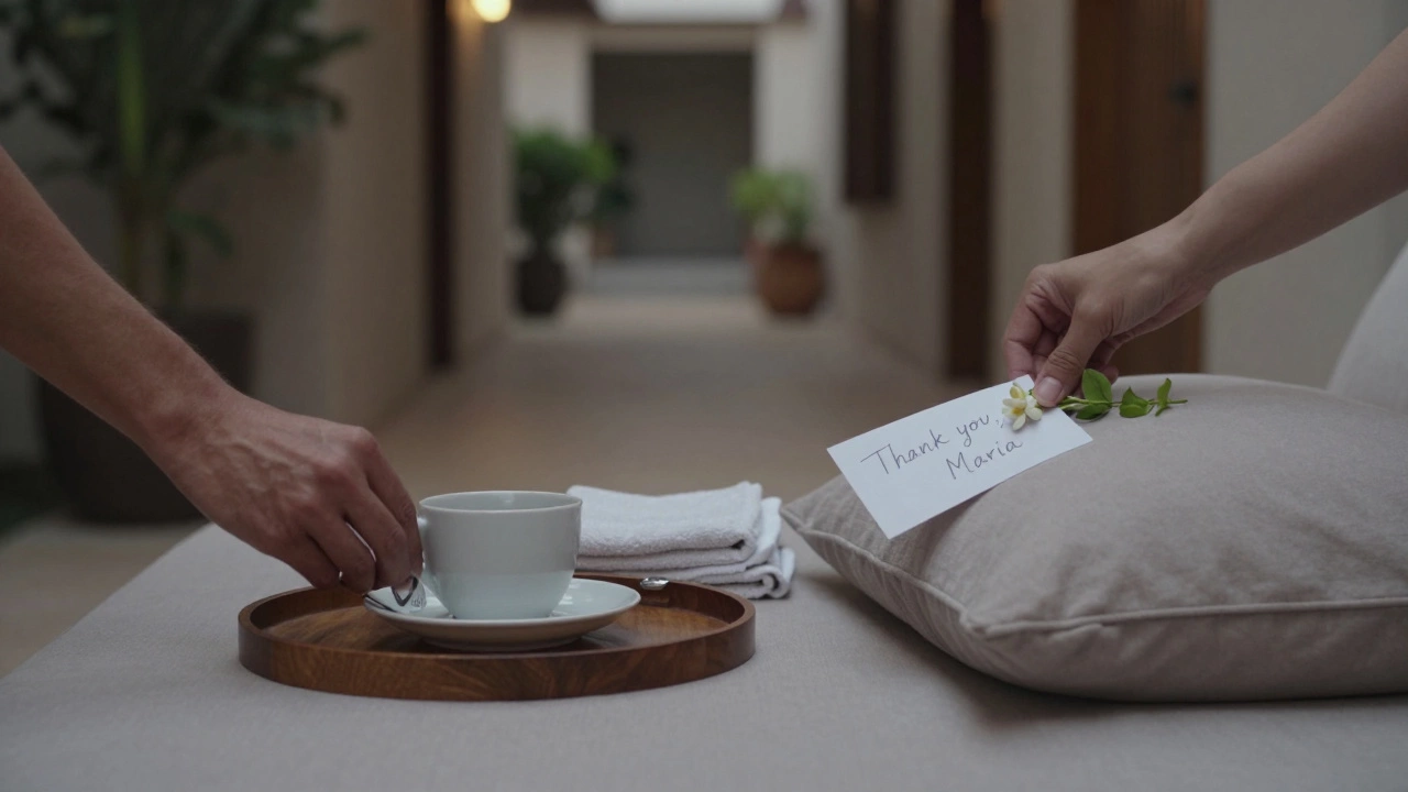 Three small gestures of appreciation: tip on tray, thank-you note, and flower on pillow at resort.