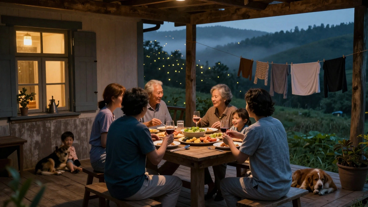 A family enjoying dinner on a cottage porch at twilight, with children laughing and fireflies glowing in the background.