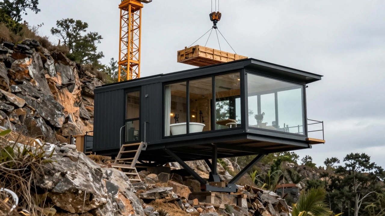 A luxury glamping suite being lifted by a crane onto a cliffside location.