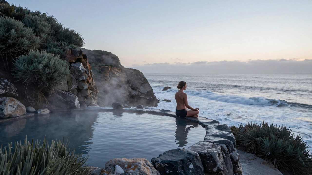 A person meditating at dawn on a cliffside hot spring terrace at Esalen Institute in Big Sur.