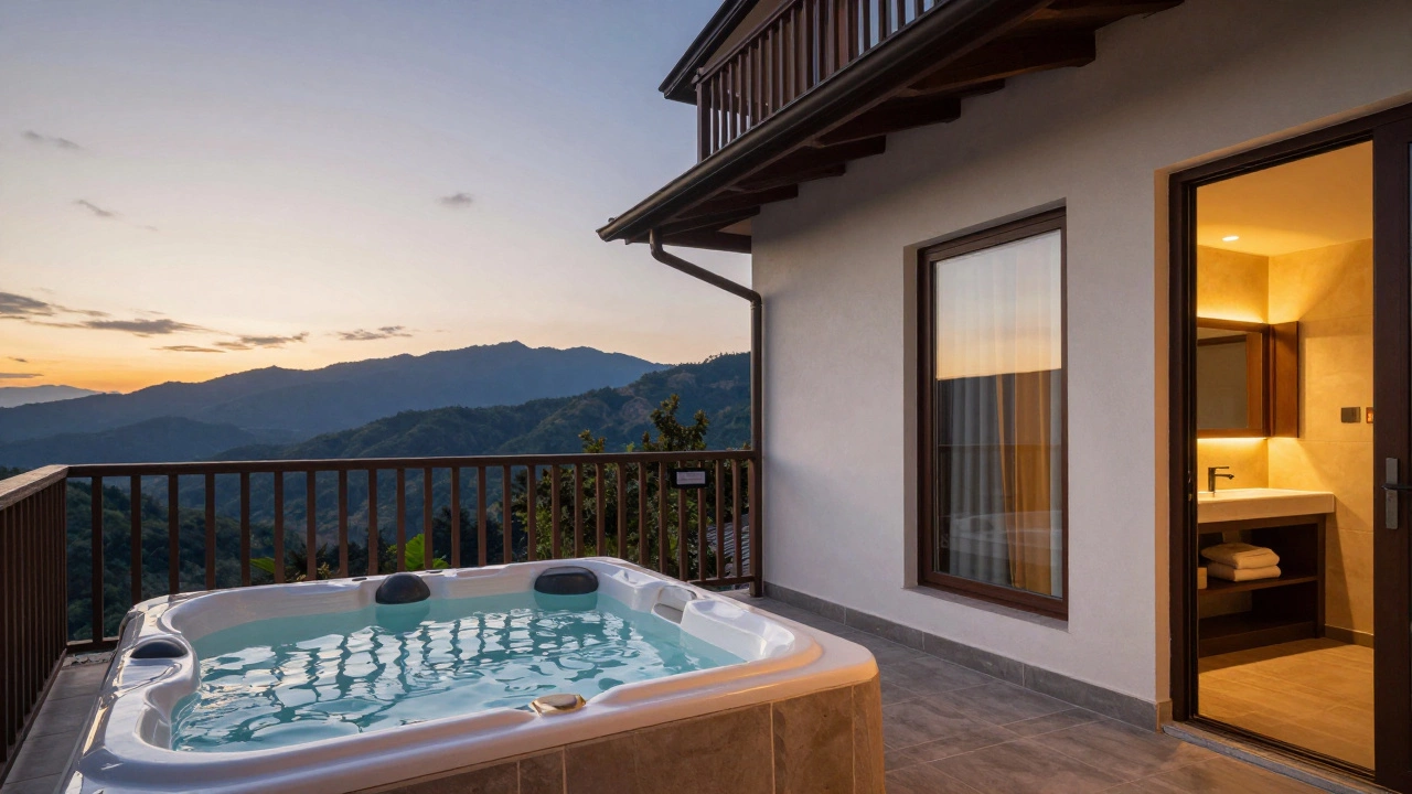 A private balcony at an adults-only resort with a jacuzzi and mountain views at dusk.