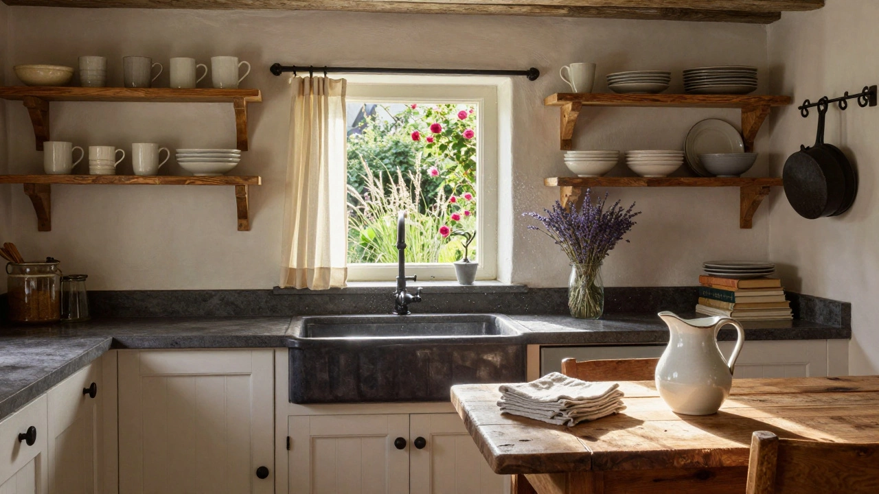 Country kitchen with open wooden shelves, farmhouse sink, and sunlit herbs on the windowsill.