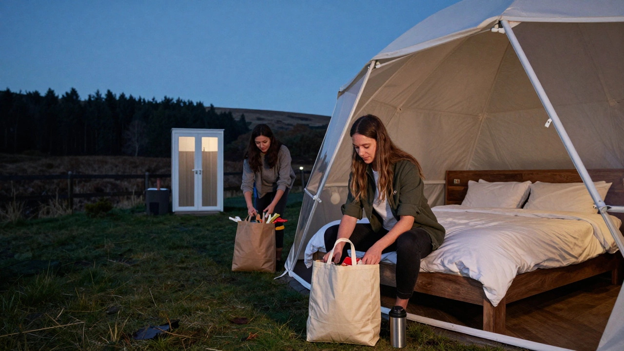 Couple unpacking groceries at a simple dome glamping site in rural Wales with forest and night sky in background.