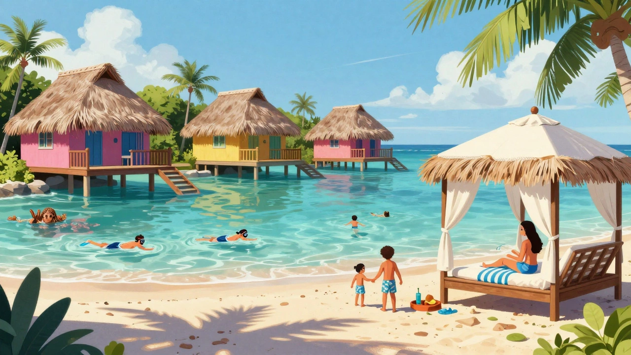 Family enjoying snorkeling and beach cabanas at a Dominican Republic all-inclusive resort.