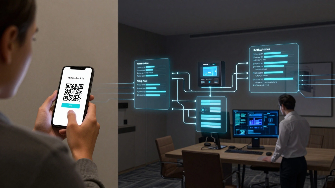 Hidden hotel systems syncing behind the scenes: mobile check-in, real-time inventory, and tech support ensuring flawless operations.