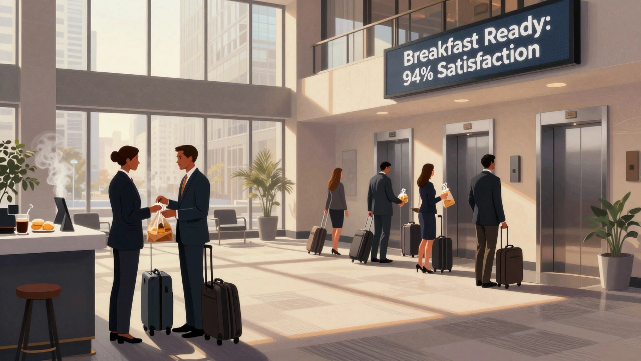 Hotel staff handing breakfast bags to corporate travelers in a bustling lobby at dawn, with coffee steam and seamless flow.