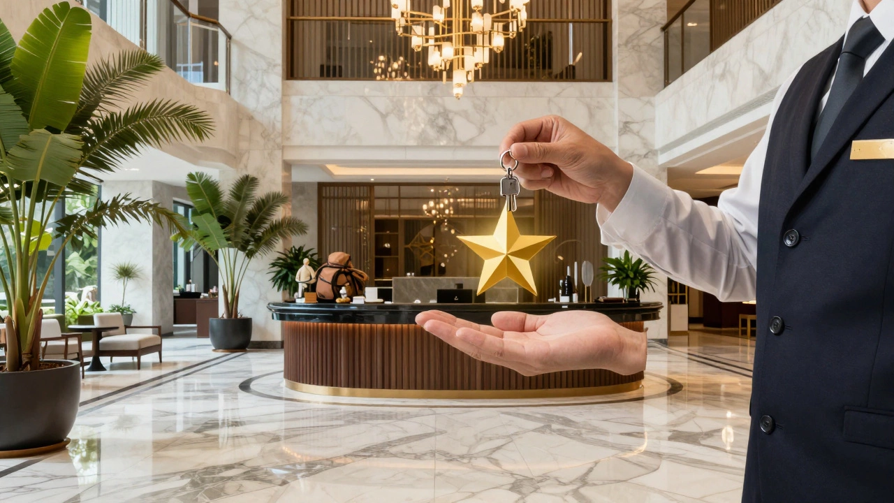 Luxury resort lobby with concierge handing key, golden star symbol for loyalty rewards.