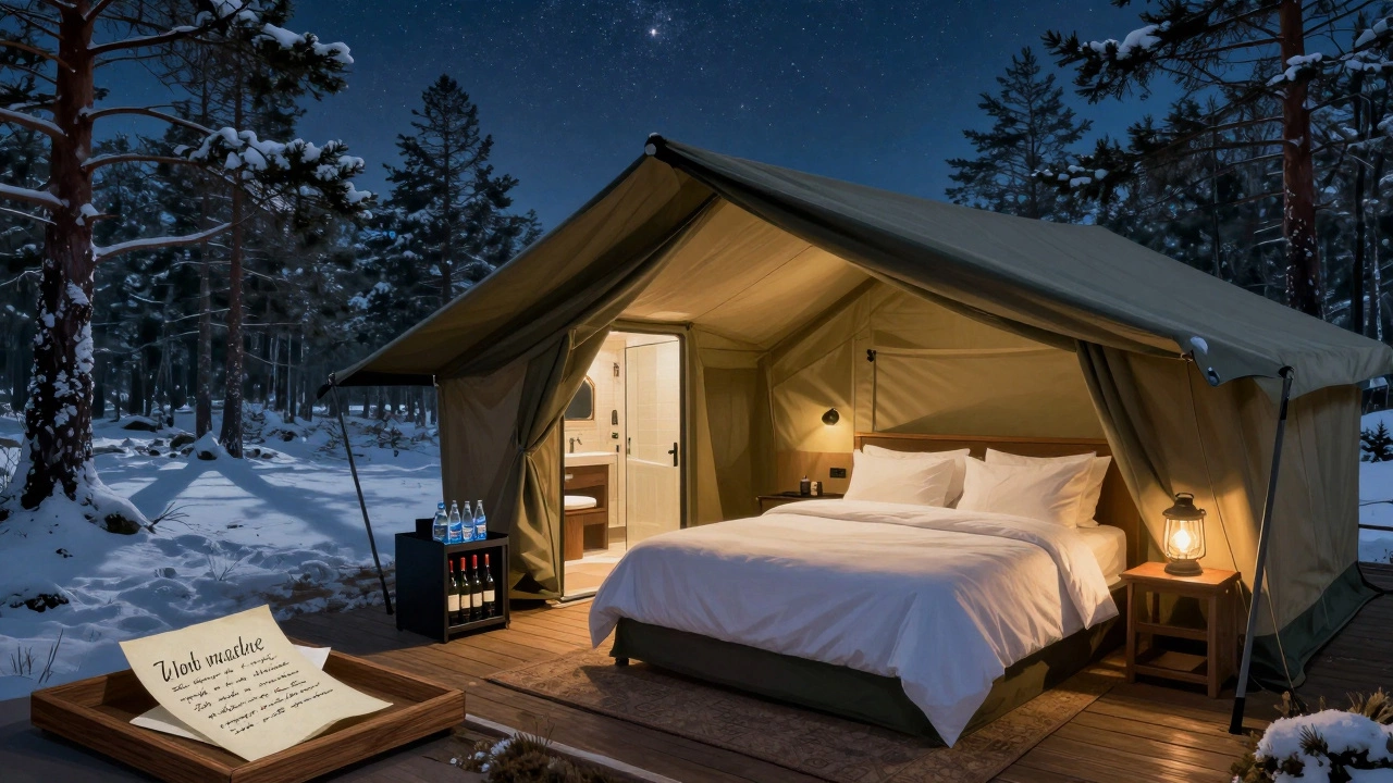 Luxury safari tent with real bed, en-suite bathroom, and handwritten note under a starry Scottish Highlands night sky.