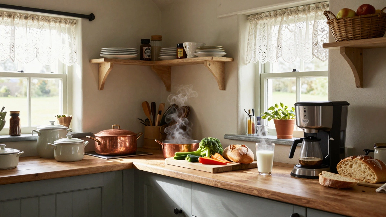 Rustic cottage kitchen with pots, pans, bread, and coffee maker, bathed in soft sunlight from lace-curtained windows.