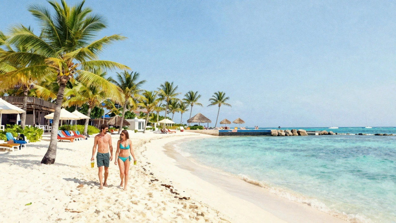 Tropical beach in shoulder season with fewer tourists, couple walking along shore. Clear skies and quiet pool area.