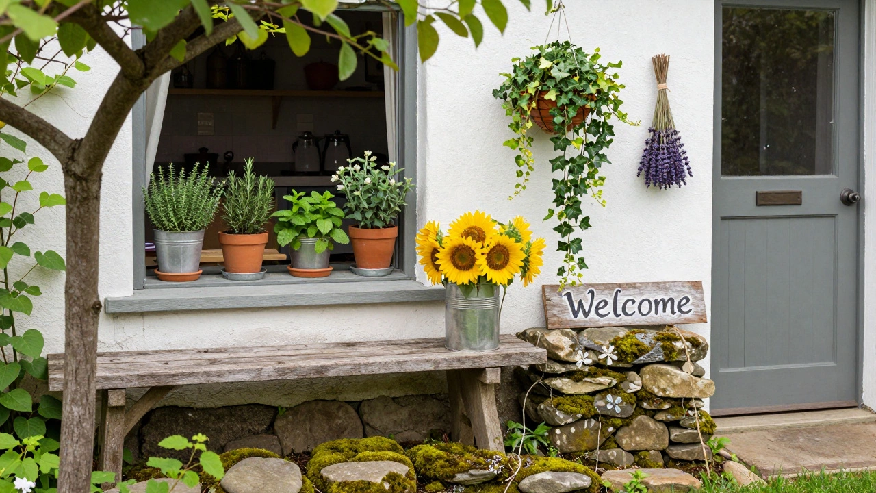 Wild cottage garden with mossy stones, wooden bench, and jars of dried flowers by the door.