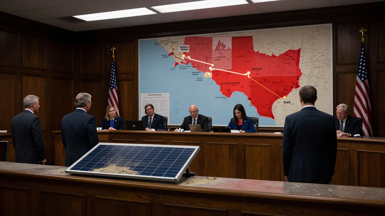 Wyoming legislators voting to block renewable energy, a map showing coal exports glowing red in the background.