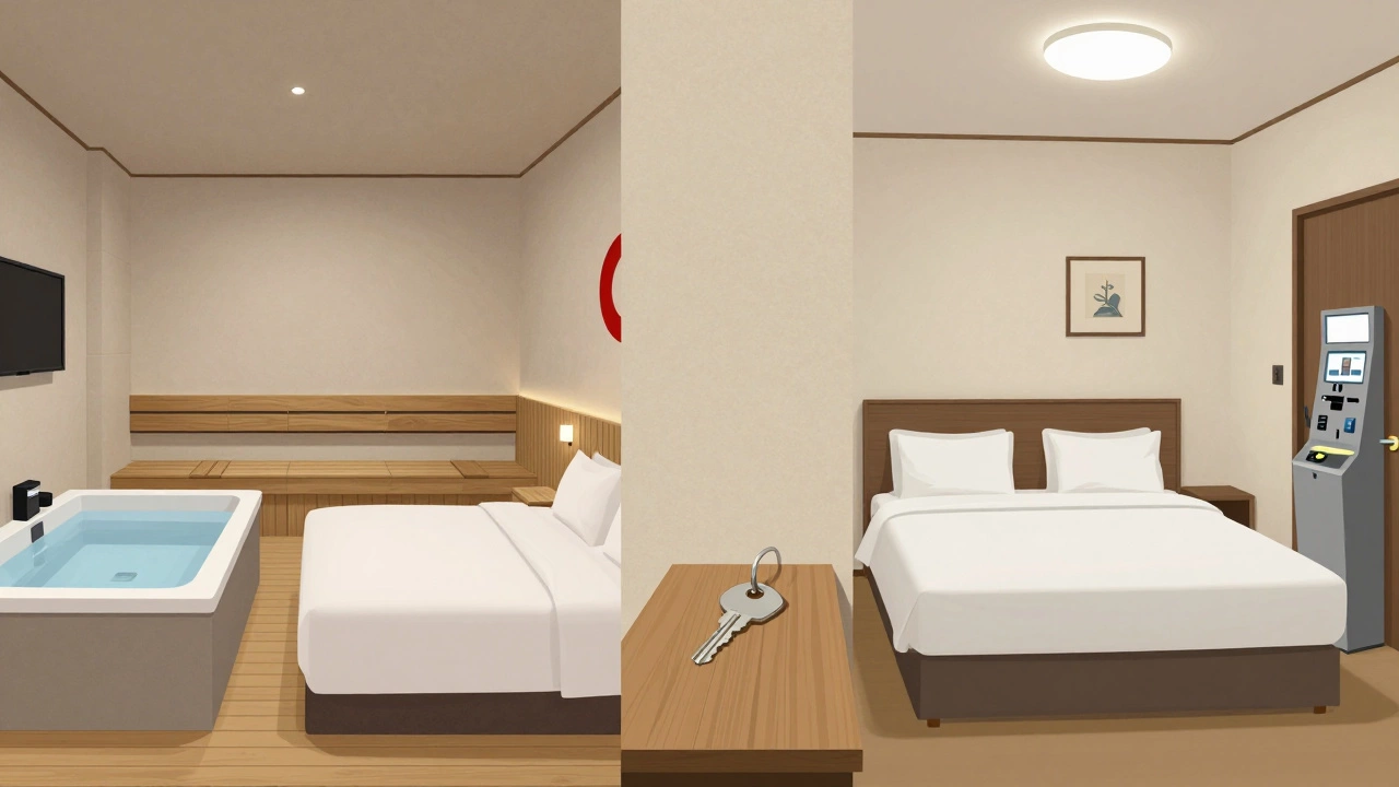 A conceptual comparison of love hotel styles across Japan, Thailand, and France, highlighting cultural differences in design and amenities.