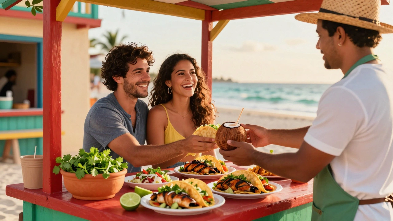 A couple enjoying authentic street tacos from a local vendor at sunset, vibrant colors and warm glow.