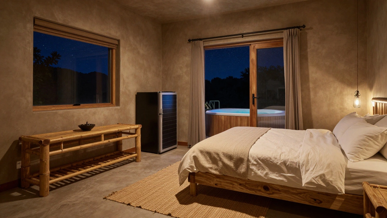 A cozy cottage interior with organic bedding, reclaimed wood furniture, and solar-powered lighting under a starry sky.