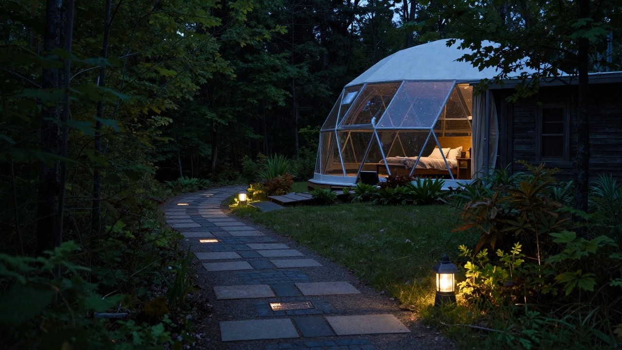 A dimly lit forest path with glowing kinetic tiles leading to a starlit eco-cottage at dusk.