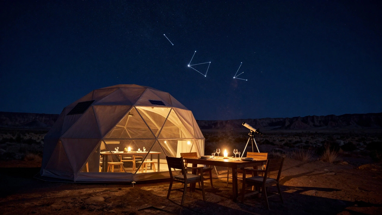 A glowing geodesic dome under a starry desert sky with a candlelit dinner table and telescope.