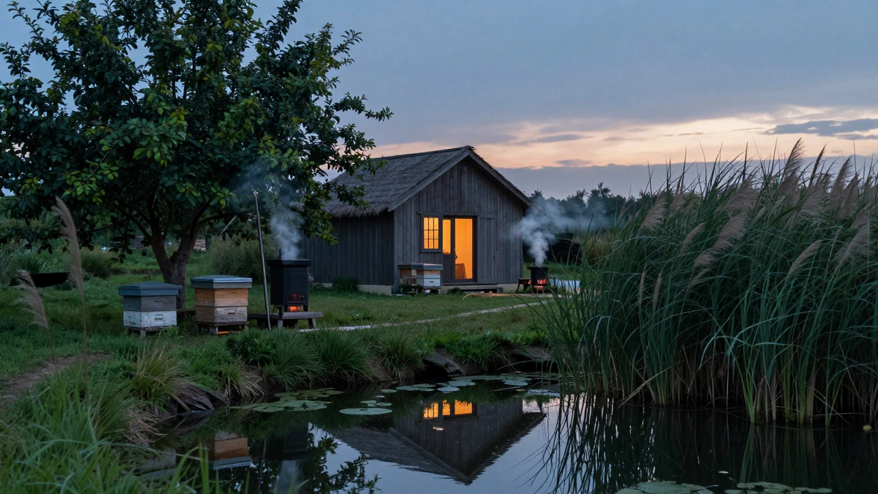 A peaceful cottage evening with a pond, beehives, fruit trees, and reed bed filtration system in the landscape.