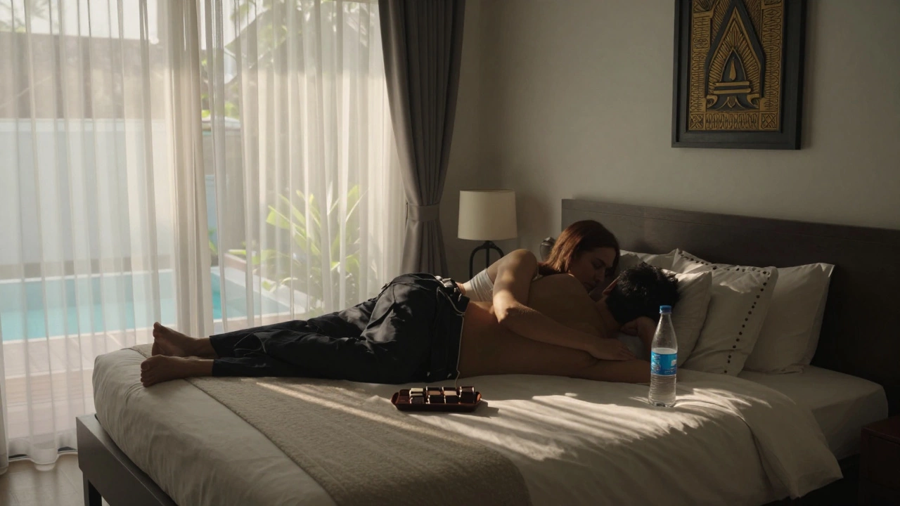 A peaceful daytime stay in a Thai romantic hotel with sunlit bedding and complimentary snacks, overlooking a rooftop pool.