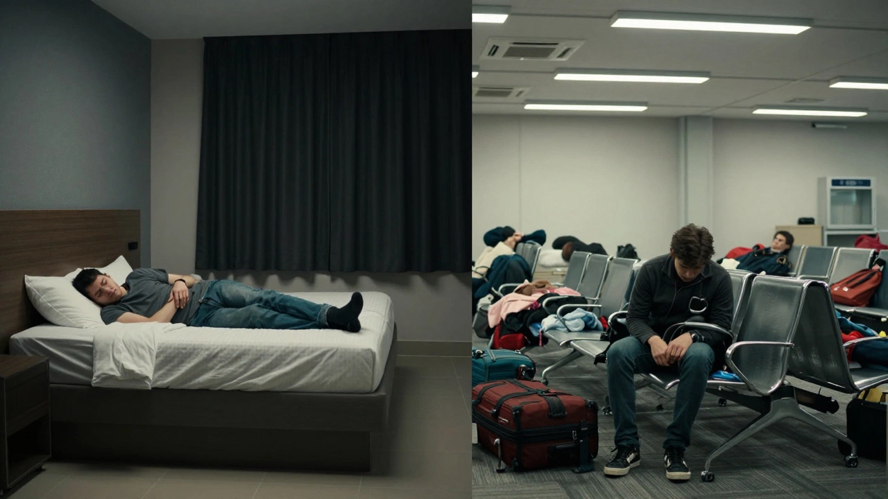 A split scene showing peaceful sleep in an airport hotel room versus exhaustion on a terminal chair under harsh lights.