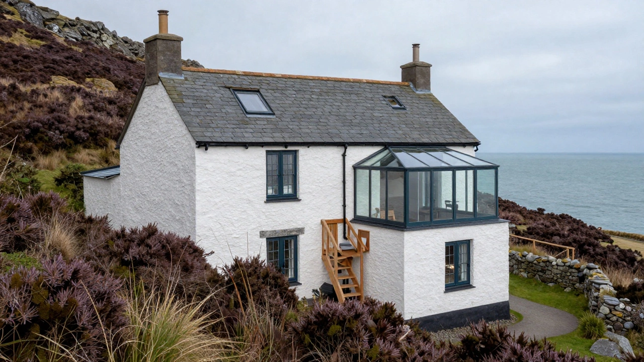 A three-story hillside cottage in Wales with an observatory on top and traditional architectural details.