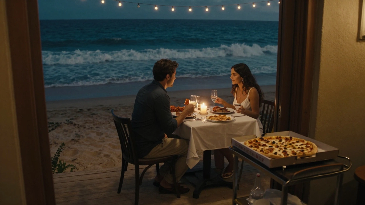Candlelit beachside dinner with steak and lobster, late-night pizza delivery nearby.