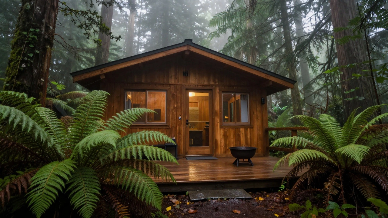 Cedar cabin deck in misty Pacific Northwest rainforest with fire pit