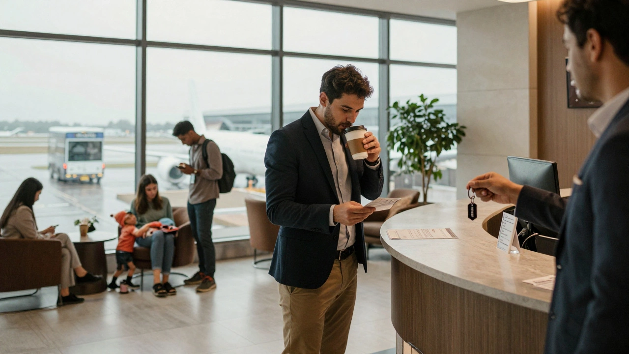 Early morning at an airport hotel lobby: a business traveler drinks coffee, a family waits with a sleeping child, and staff assist guests.