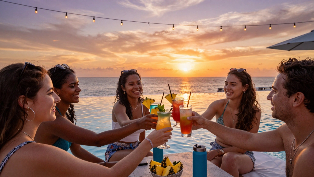 Group of tourists raising colorful cocktail glasses at a tropical resort poolside
