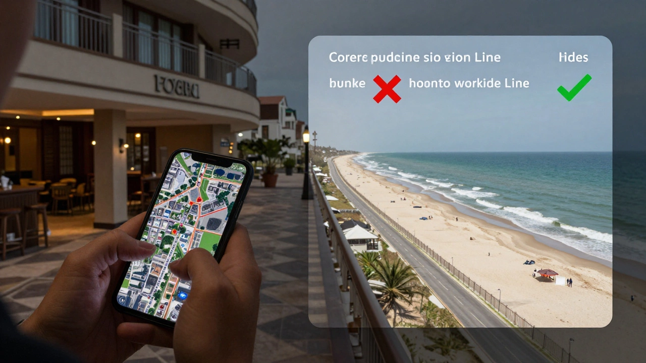 Guest comparing satellite map on phone to hotel layout, revealing false beachfront claim.
