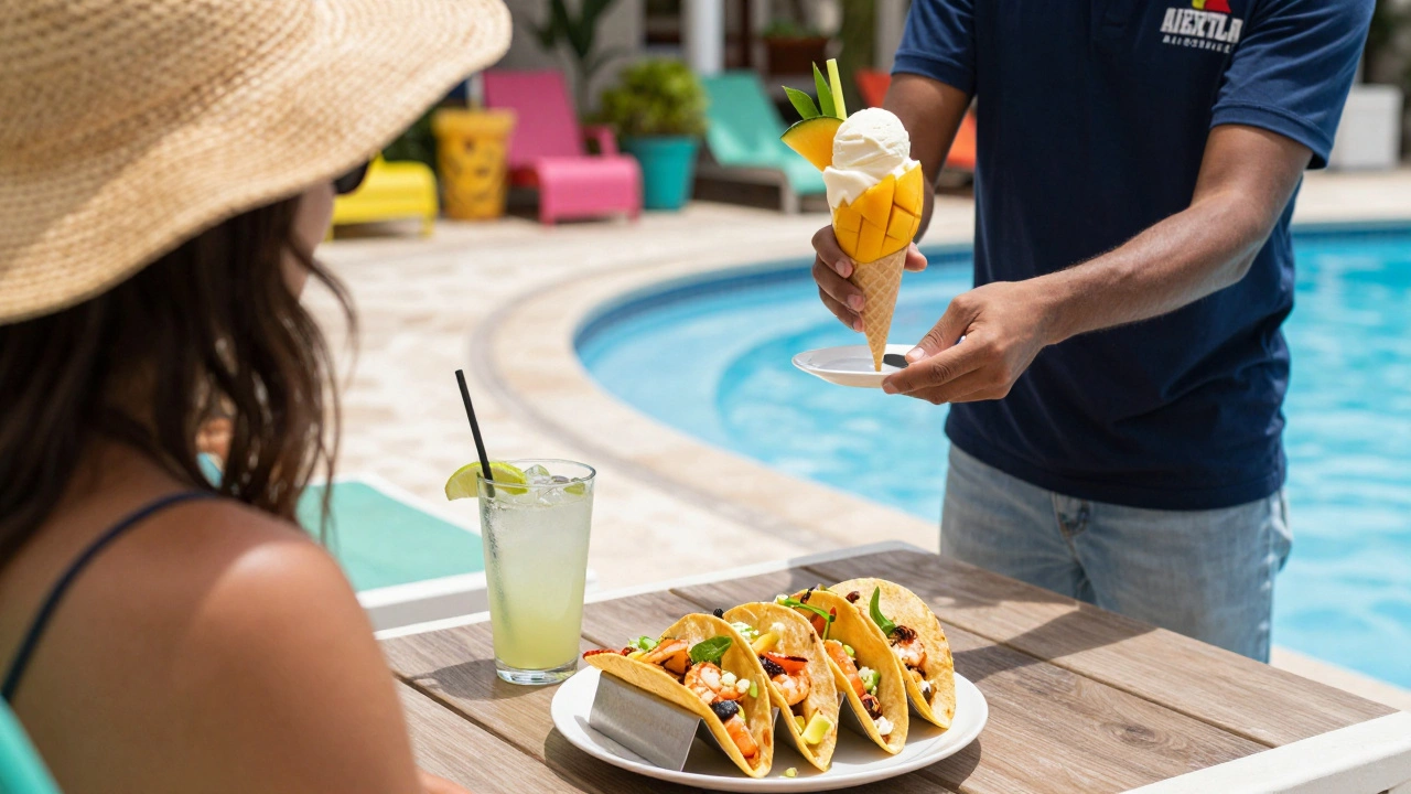 Guest enjoying grilled tacos and lemonade by the pool with ice cream in hand.