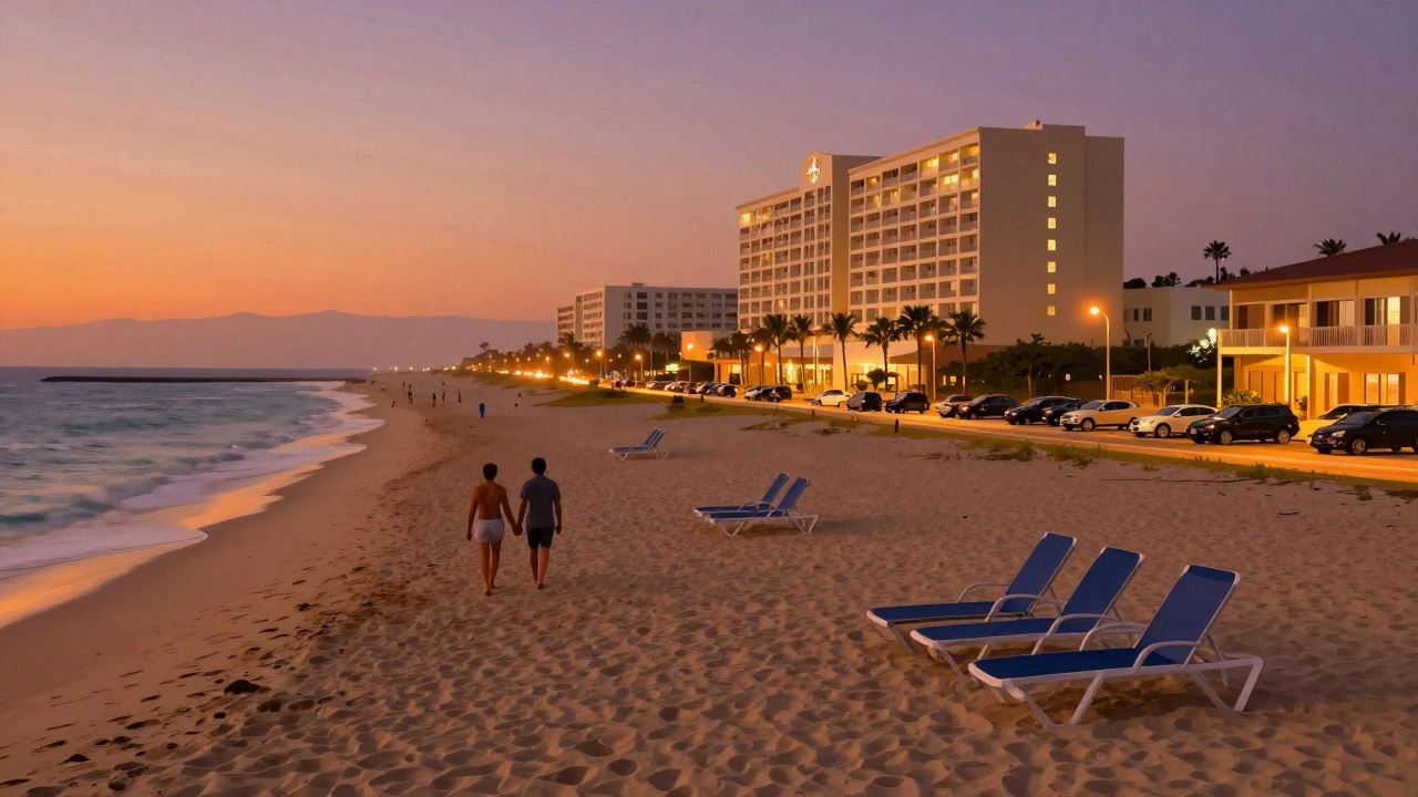 Luxury beachfront hotel beside a distant ocean-view hotel separated by a road and parking lot at dusk.