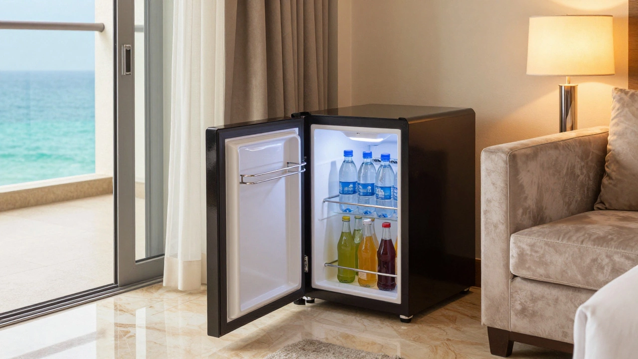 Luxury hotel suite interior featuring an open mini-fridge stocked with beverages