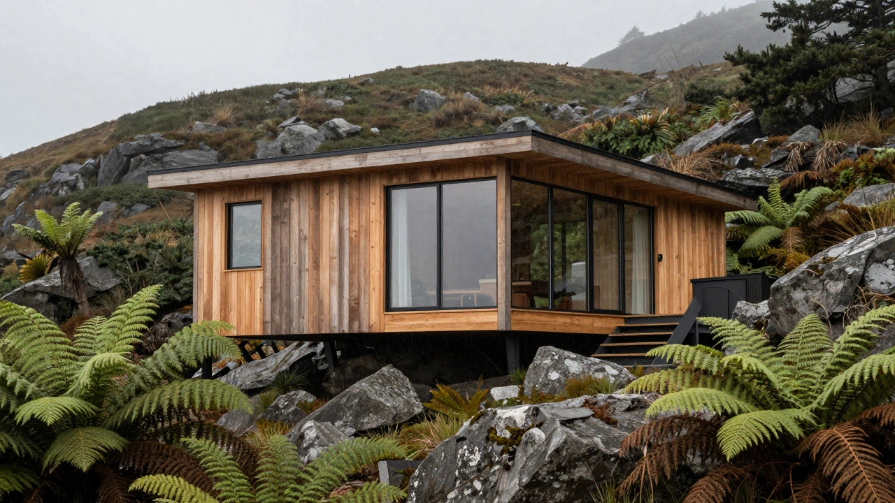 Modern coastal cabin with glass walls surrounded by green hills and rocks