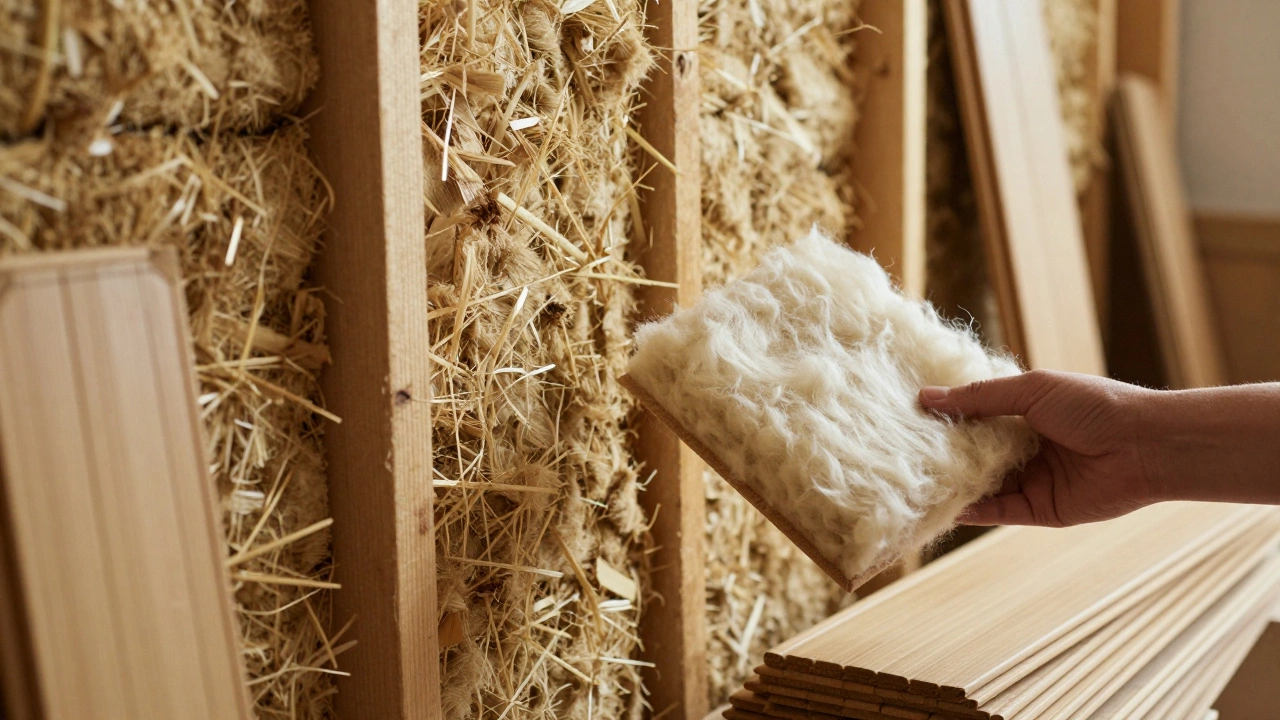Natural building materials: straw bales, reclaimed wood, and sheep’s wool insulation being used in construction.