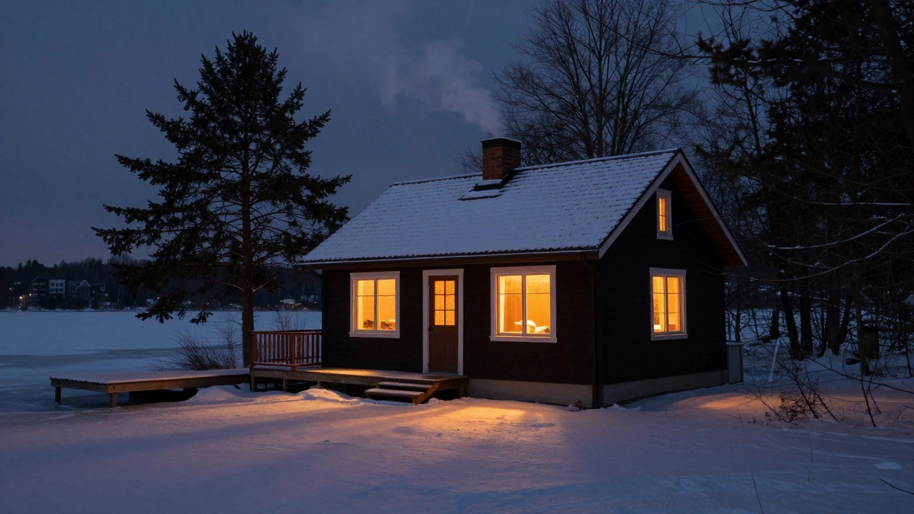 Snowy cottage at night with warm window light and smoke from chimney