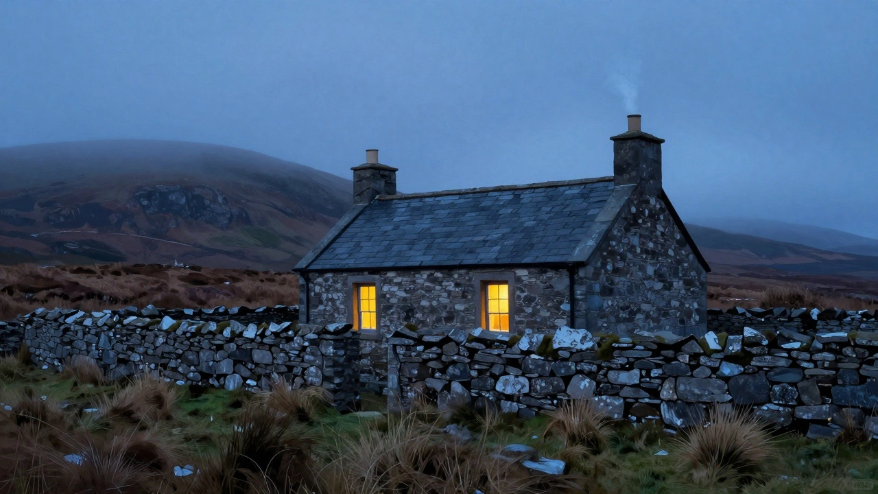 Stone cottage glowing warmly against dark Scottish Highland landscape