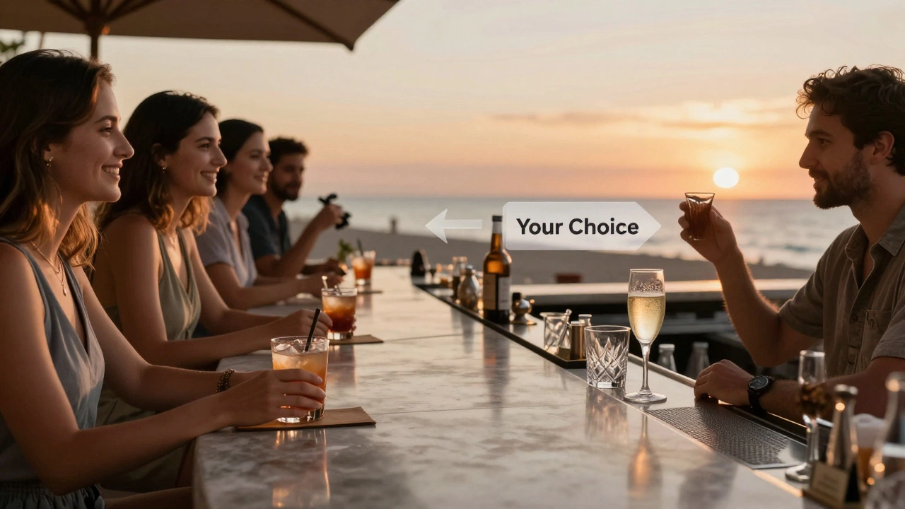 Two bar areas side by side: one with included drinks, the other with premium options marked with prices.