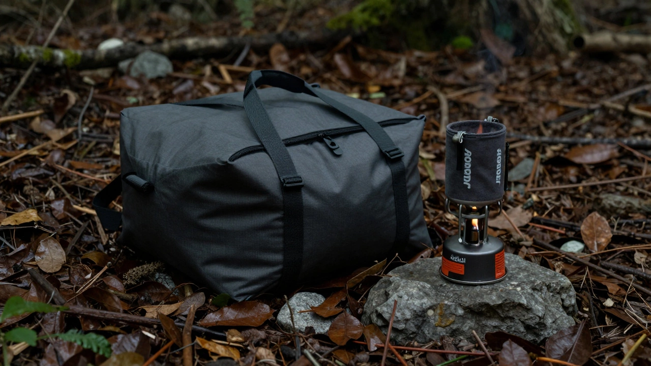 A charcoal-grey bivy bag and small camping stove camouflaged on a forest floor.