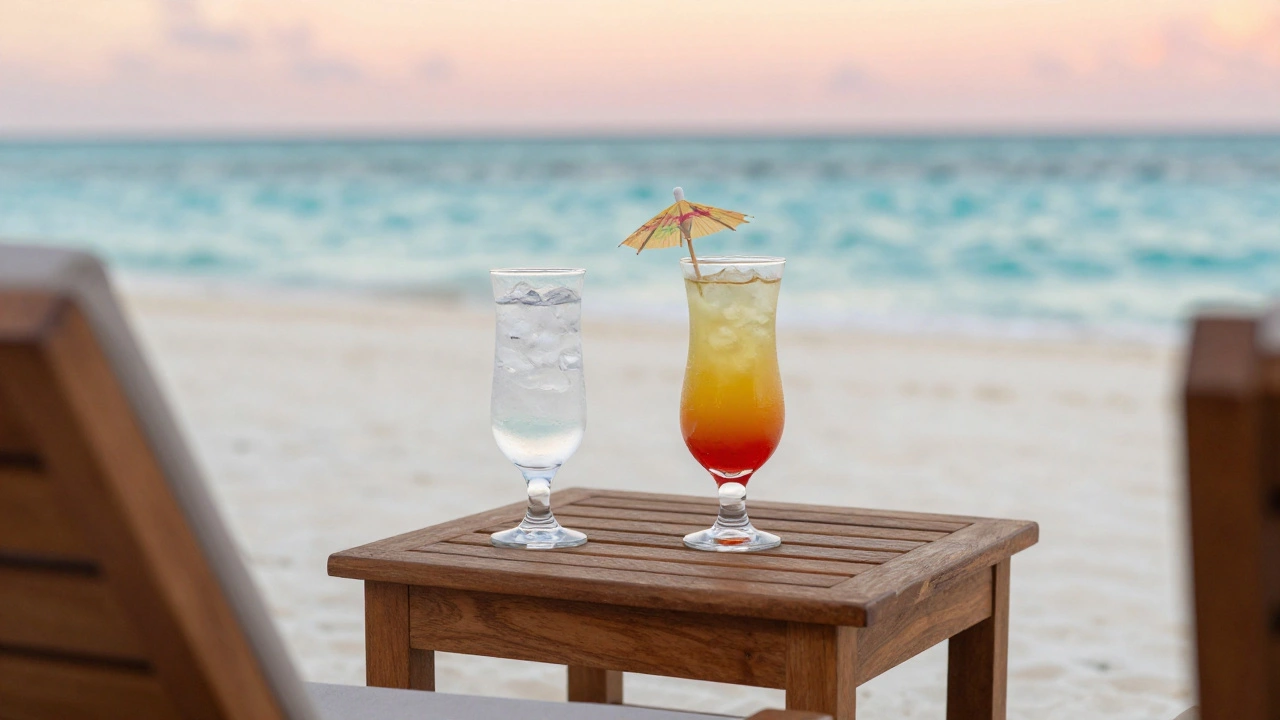 A glass of water and a tropical cocktail on a table overlooking a Caribbean beach at sunset