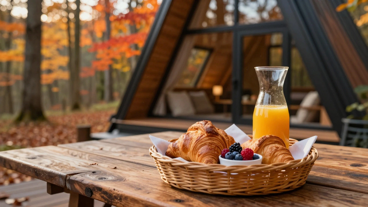 A gourmet breakfast basket on a wooden table inside a luxury A-frame cabin.