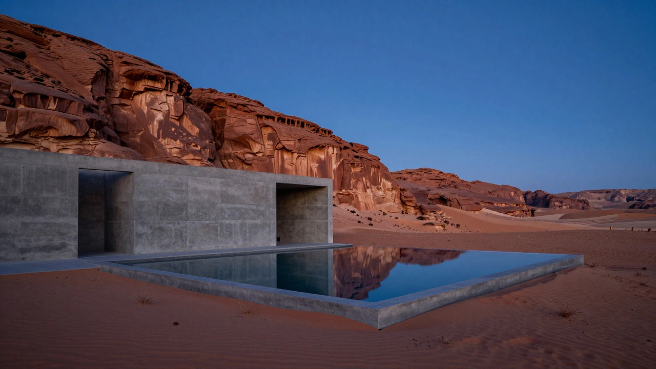 A minimalist ultra-luxury concrete villa and infinity pool set against remote red rock cliffs.