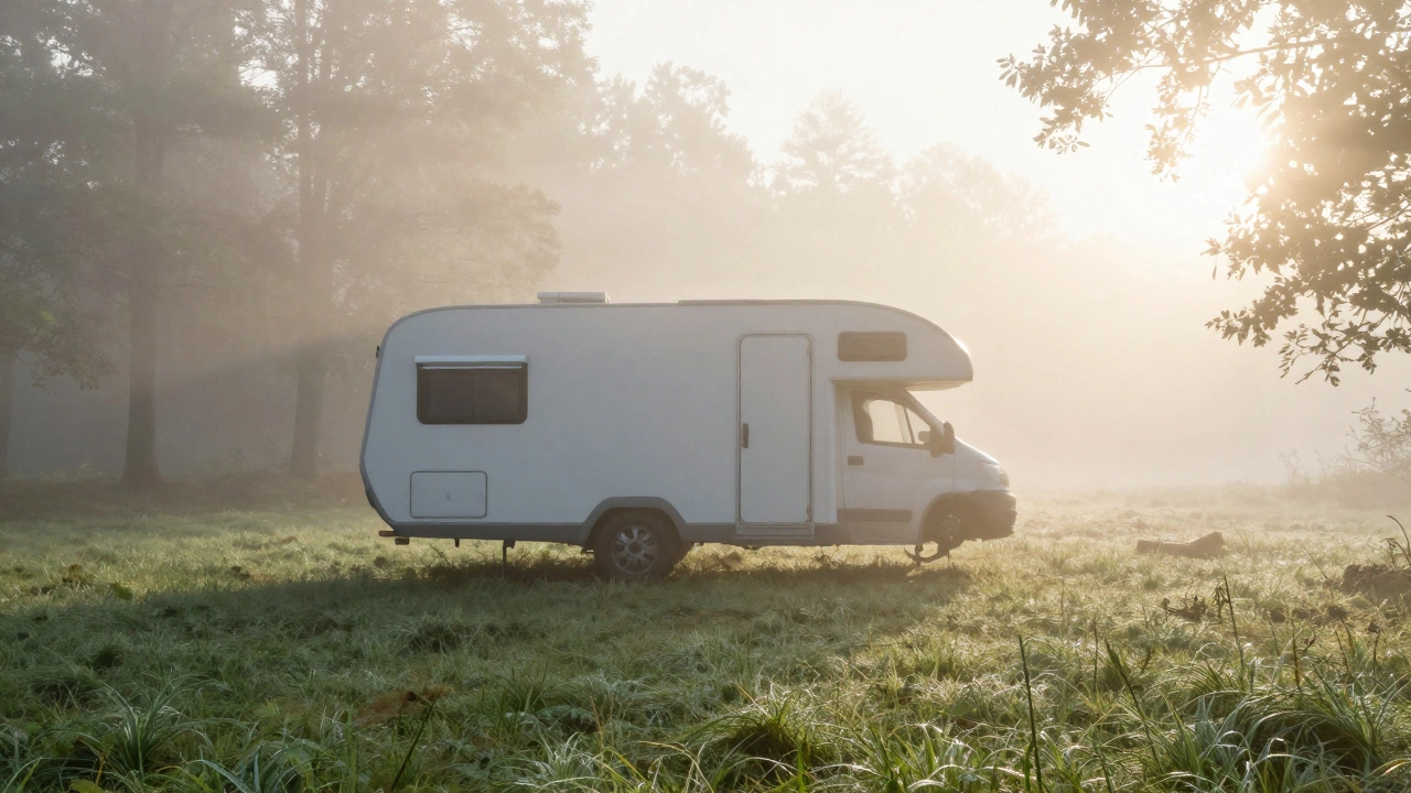 A misty forest clearing at sunrise with no sign of human presence.