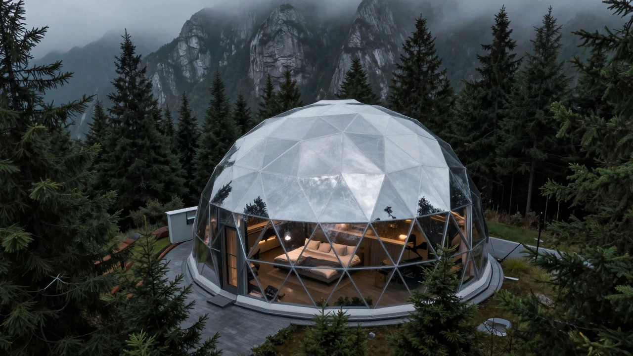 A reflective geodesic mirror dome situated in a misty mountain forest landscape.