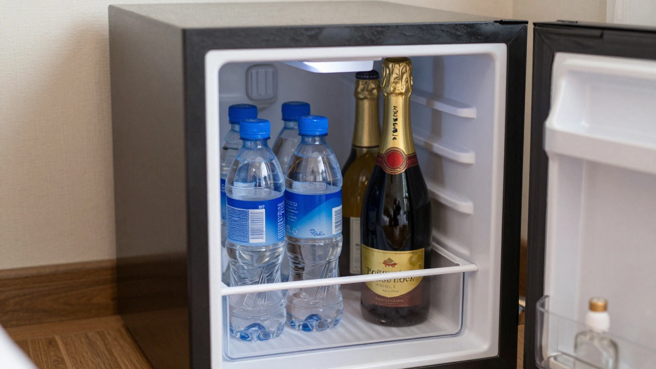 An open hotel mini-bar fridge containing complimentary sodas and paid premium alcohol