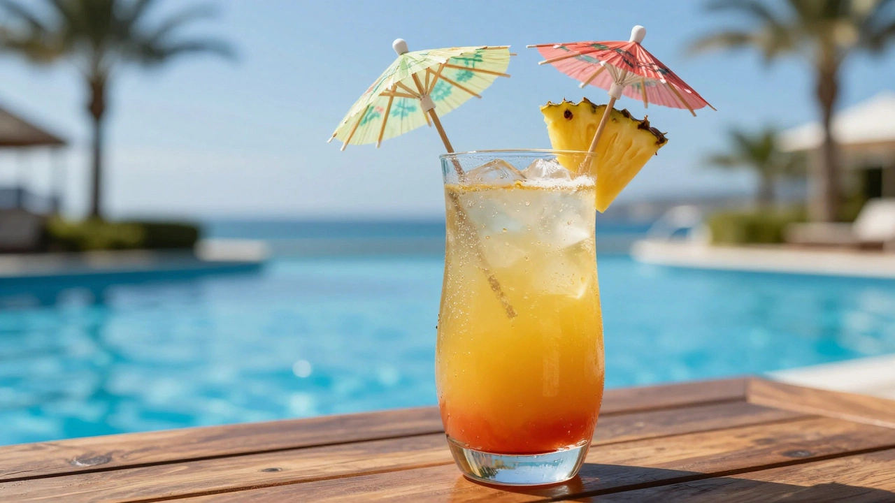 Close-up of a colorful tropical cocktail by a resort swimming pool under a sunny sky.
