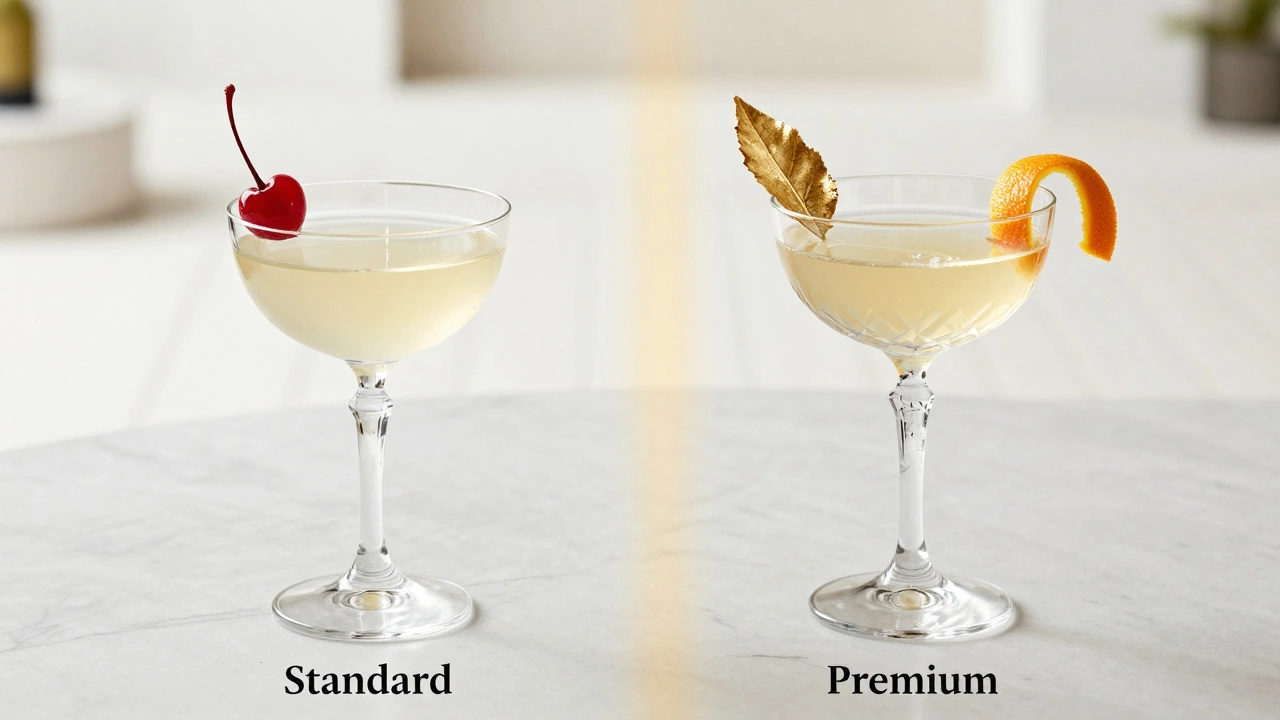 Comparison between a simple house cocktail and a luxury premium cocktail on marble