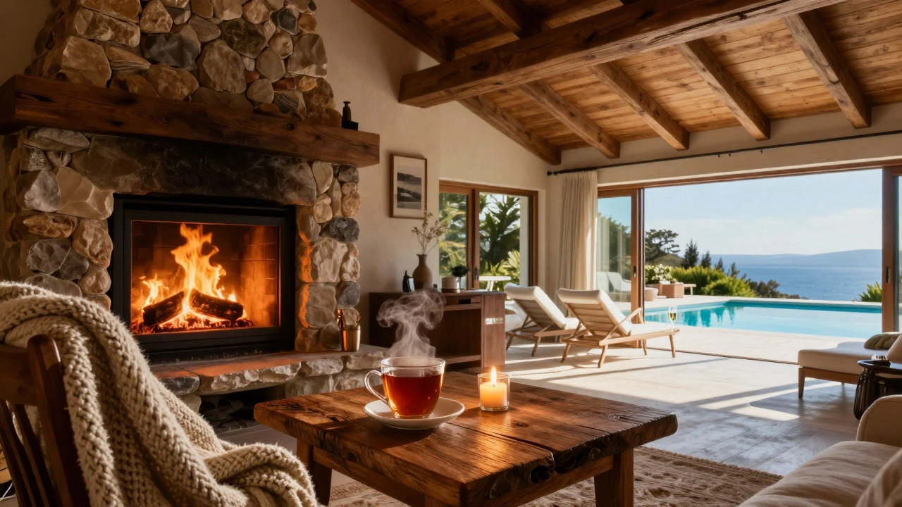 Comparison of a cozy cottage interior with a fireplace and a bright luxury villa terrace.