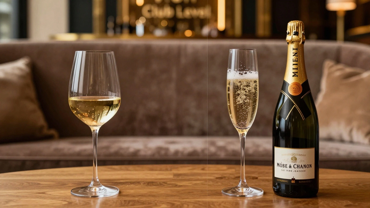 Comparison of a standard glass of house wine and a luxury glass of champagne